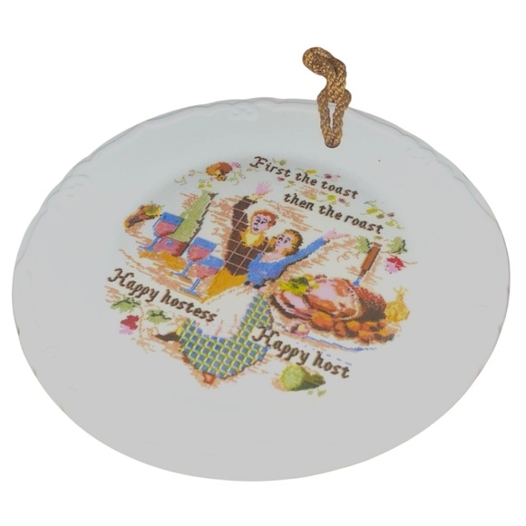 Cross Stitch Sampler Pattern Happy Hostess Plate Ironstone England Farmhouse - Picture 2 of 8